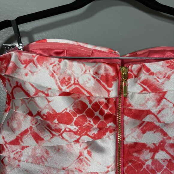 Bebe Y2K Red & White Patterned Tattered Ruffle Strapless Bodycon Dress - Small - Picture 6 of 7